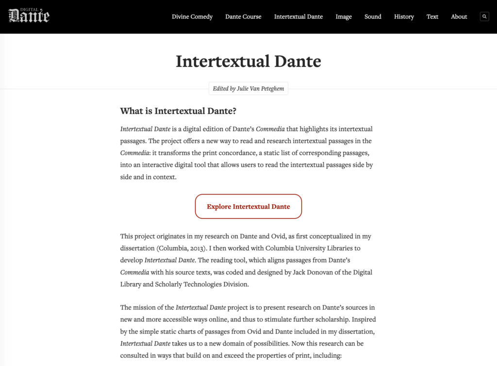 Landing page "Intertextual Dante" project