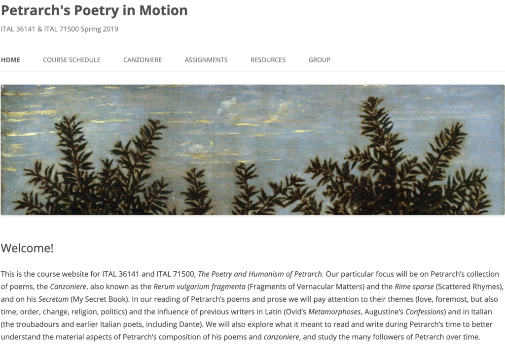 Home page of the course site "Petrarch's Poetry in Motion"