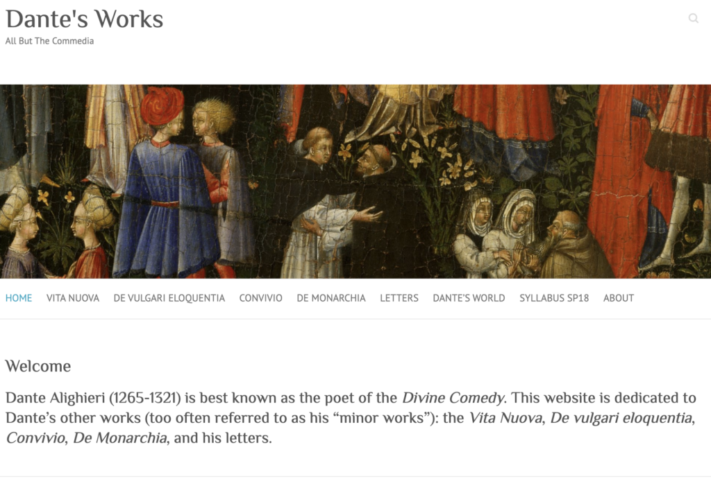 Home page of the course site "Dante's Works" 