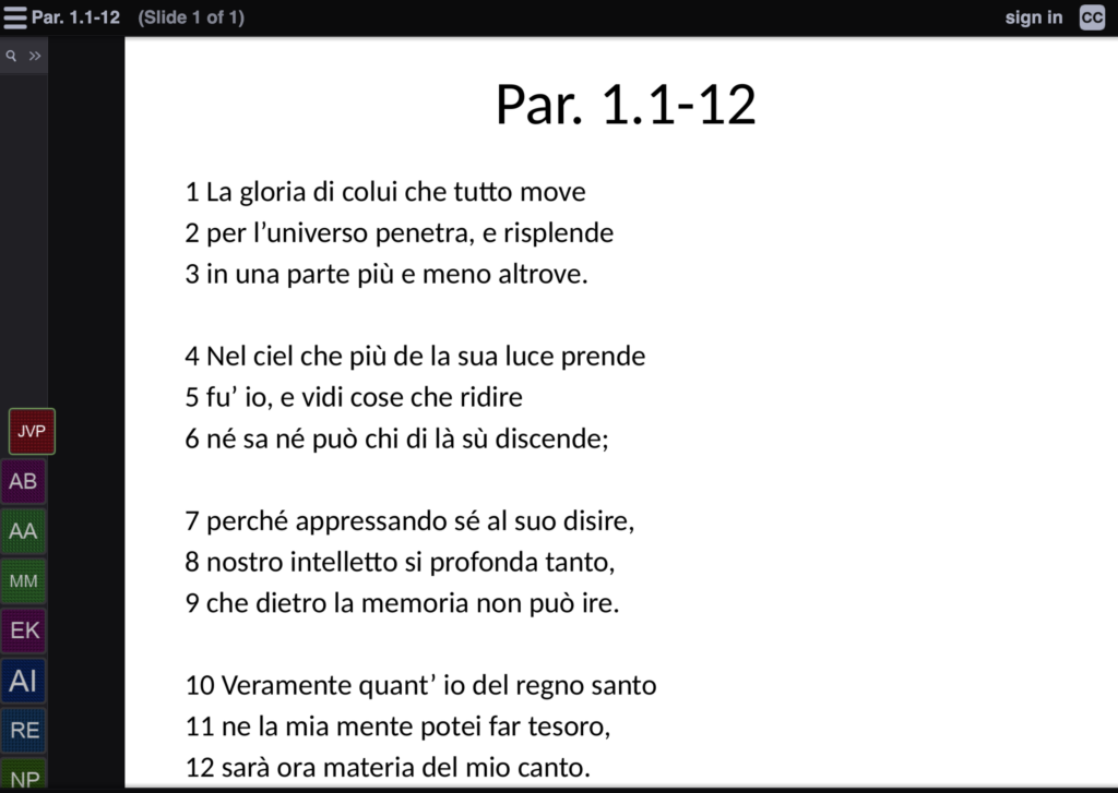 VoiceThread assignment with the text of Paradiso 1.1-12